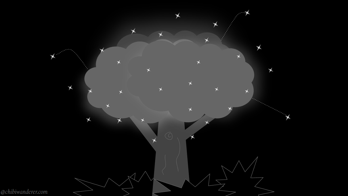 Glowing tree surrounded by fireflies