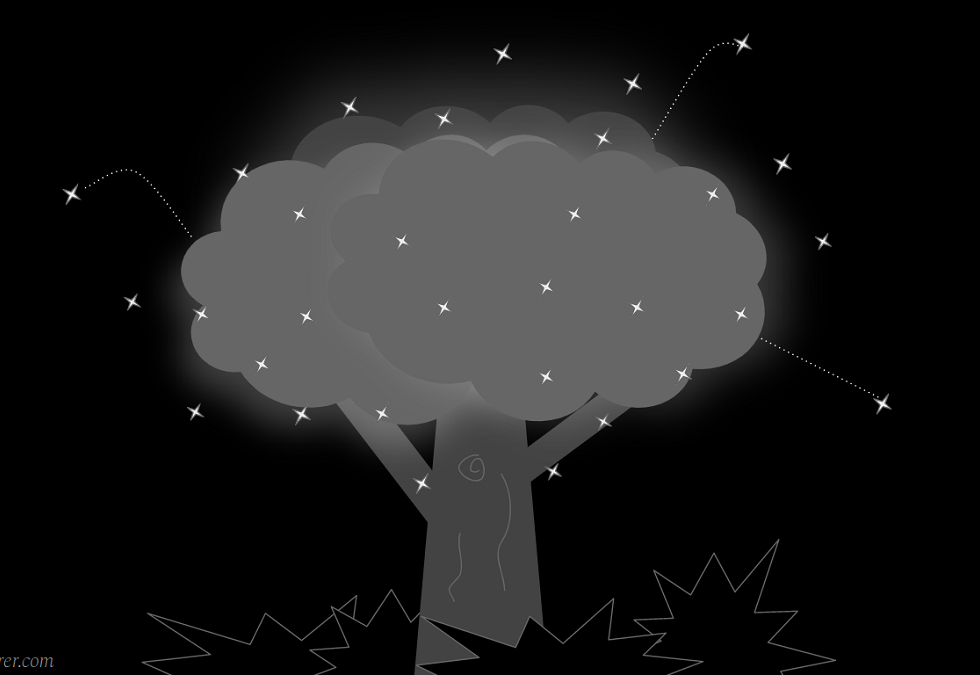 Glowing tree surrounded by fireflies