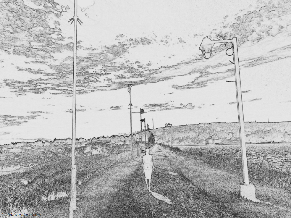 Sketch of a girl walking in a path between fields