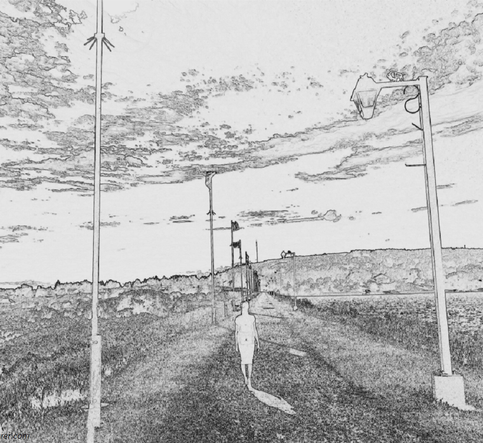 Sketch of a girl walking in a path between fields