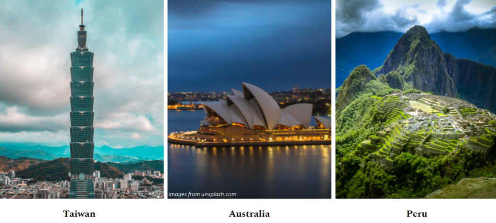 Taipei 101(Taiwan), The Sydney Opera House (Australia), The Lost City of the Incas (Peru)