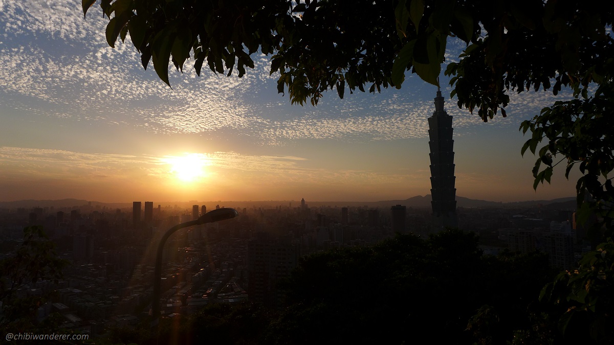 View of sunset and Taipei 101 from the first lookout on the Elephant Mountain Taiwan