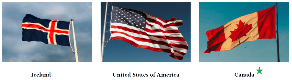 Flags of Iceland, USA and Canada where Canada has a star